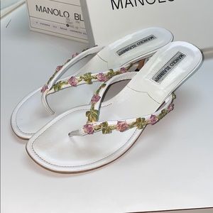 Manolo Blahnik Vintage Floral White Sandal Heel